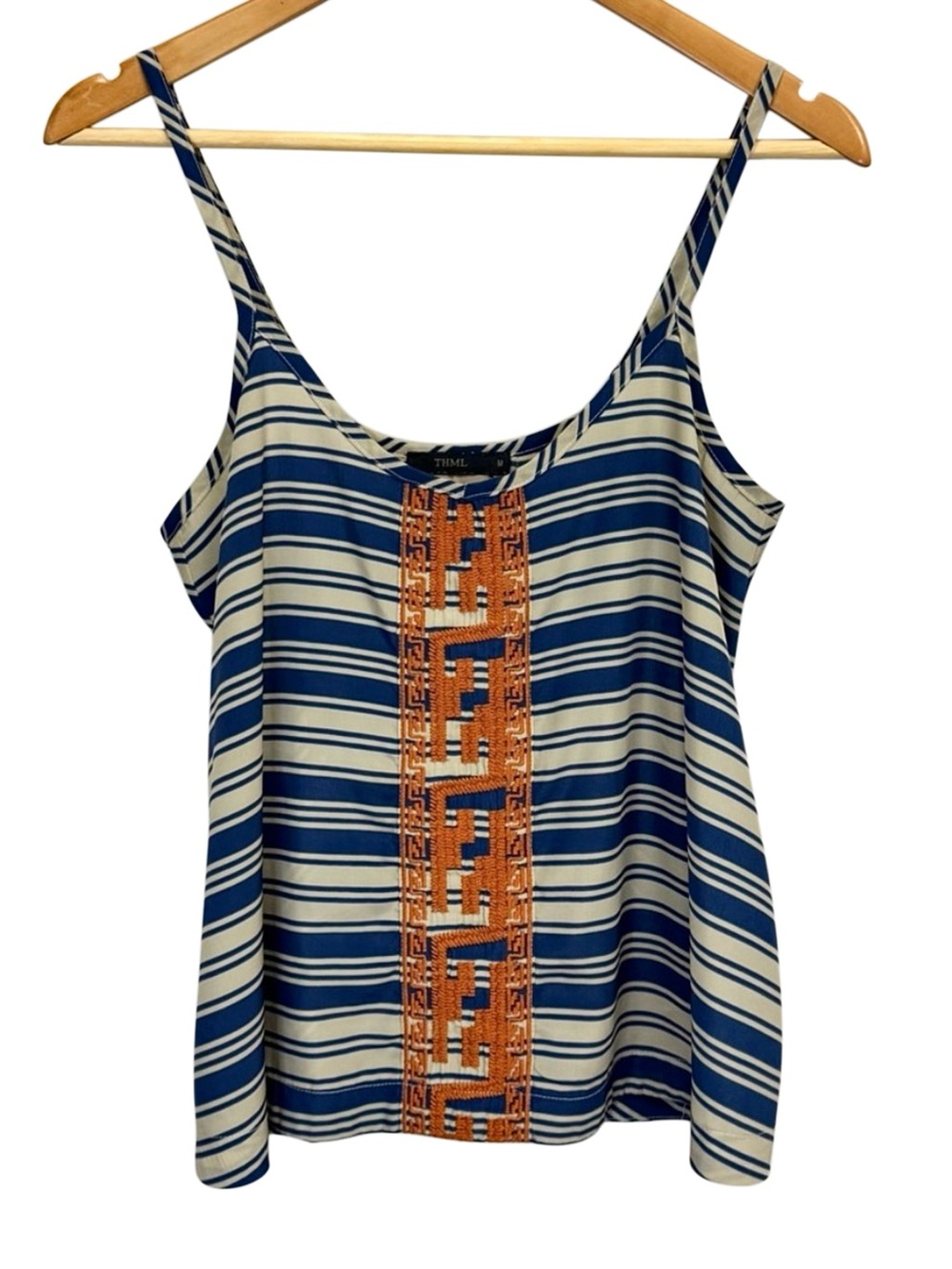 THML Blue & Cream Stripe Boho Embroidered Cami Tank Top